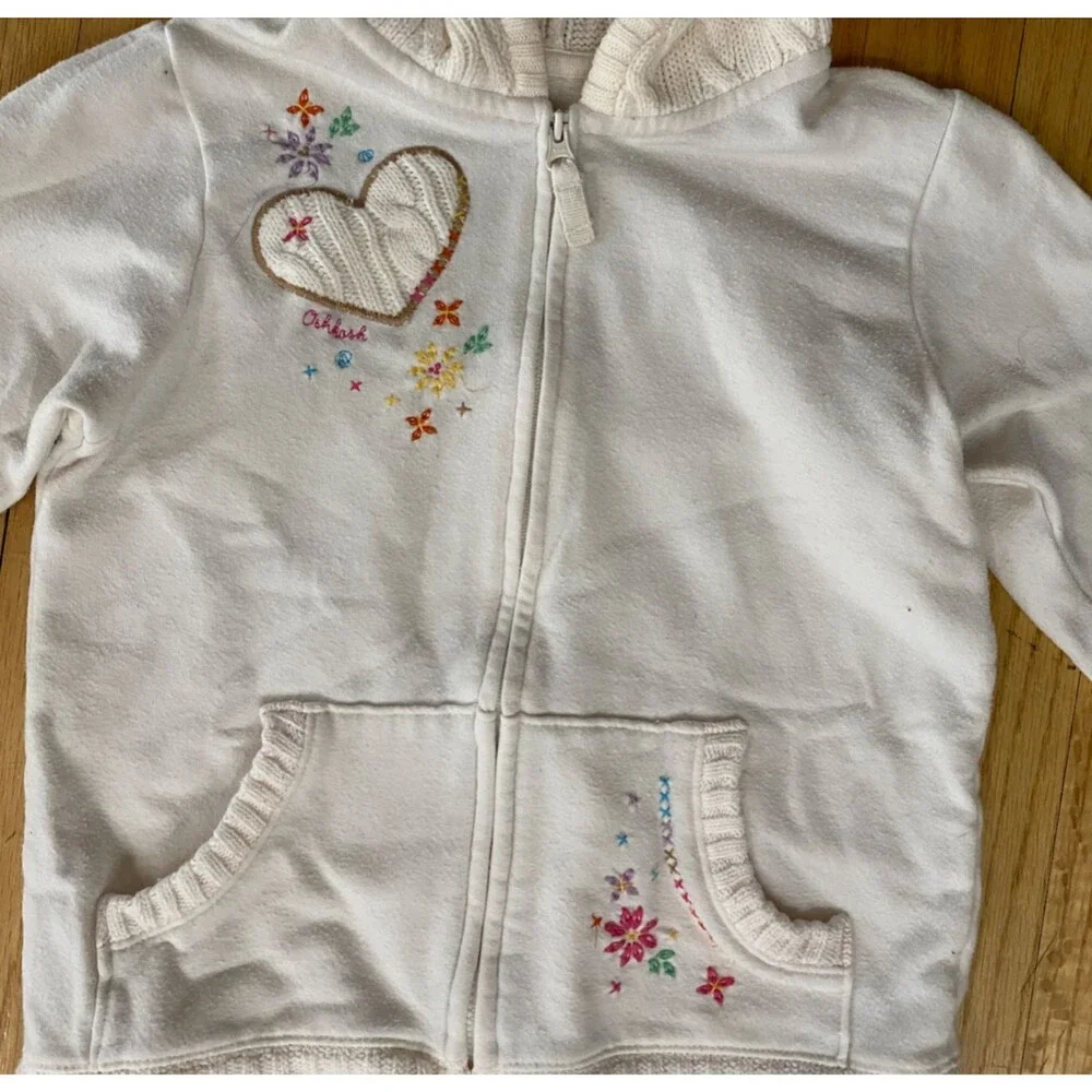 OshKosh B'gosh Girls 6X Hoodie White Zip Jacket Embroidered Floral Heart Cottage